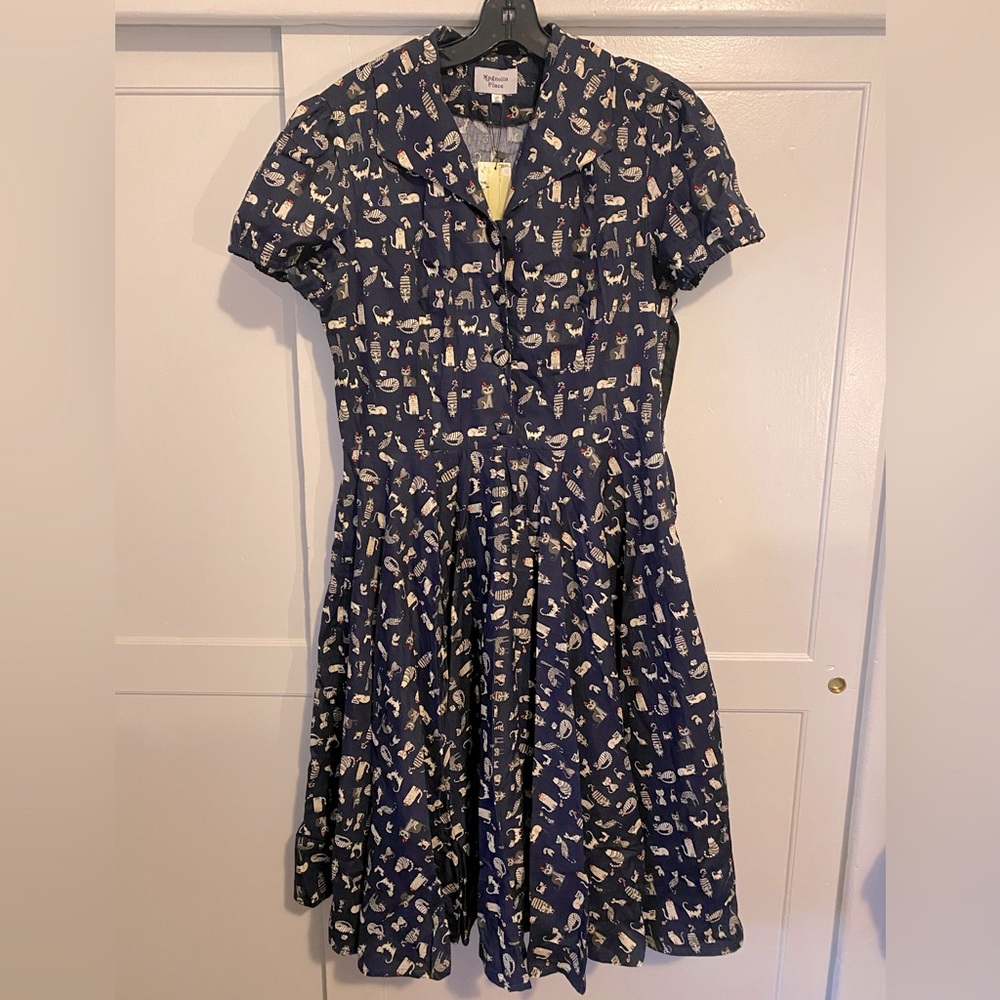 Navy Cat Pattern Cotten Dress